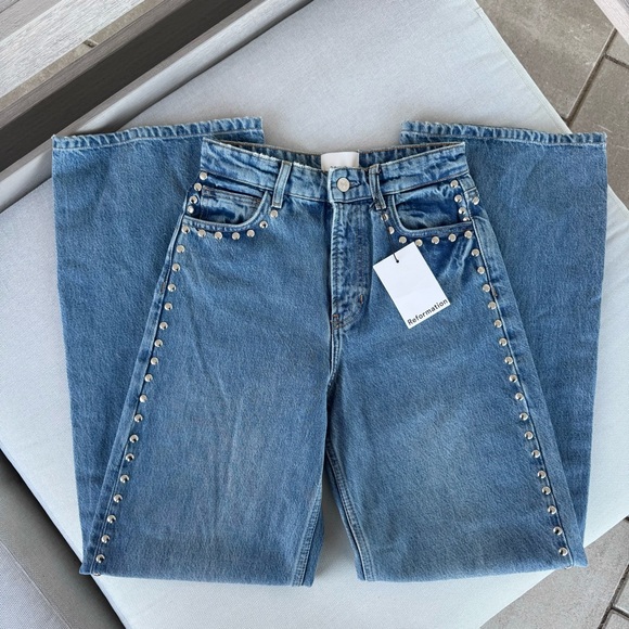 NWT Reformation Cary High Rise Slouchy Wide Leg Studded Jeans Chesapeake Blue 24 - Picture 13 of 14